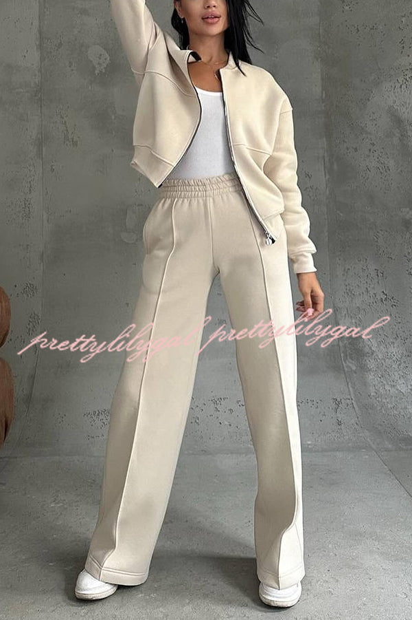 Solid Color Casual Long Sleeve Zipper Jacket and Elastic Waist Pocket Wide Leg Pants Set