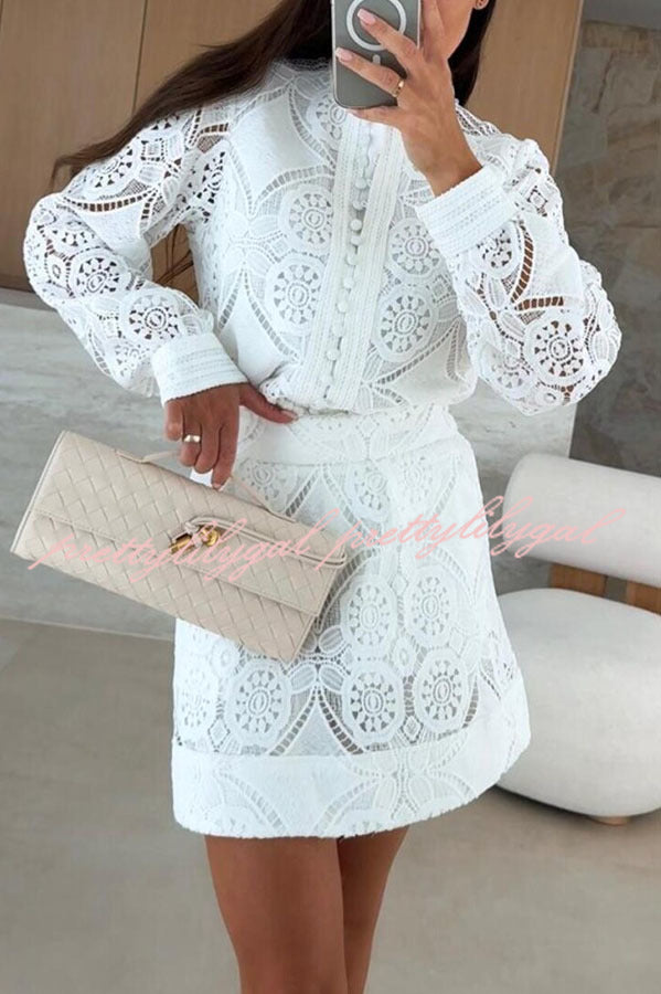 Unique Crochet Lace Long Sleeve Button Blouse and High Rise Skirt Set