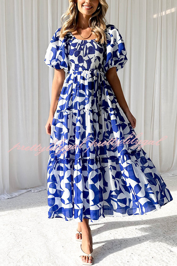 Unique Floral Print Patchwork Lace Up Pleated Maxi Dress