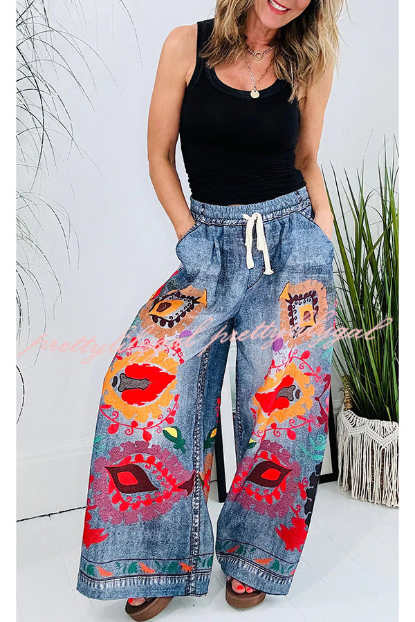 Hippie Style Unique Floral Denim Print Elastic Waist Pocketed Wide Leg Pants