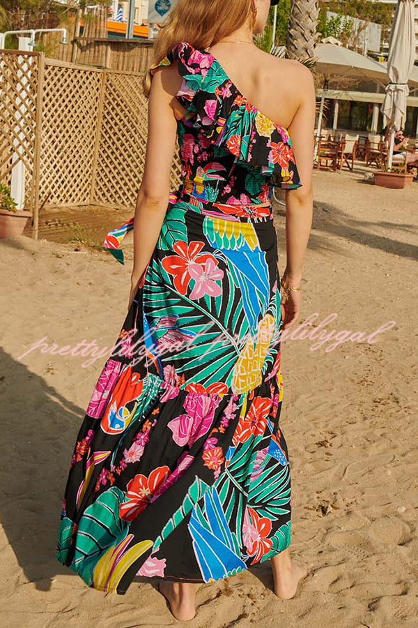 Tropical Flowers and Birds Print Loose Holiday Maxi Skirt