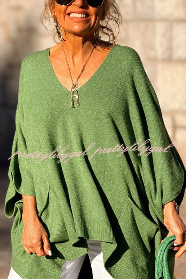 Fashion V-neck Loose Pocket Mid-length Knitted Sweater