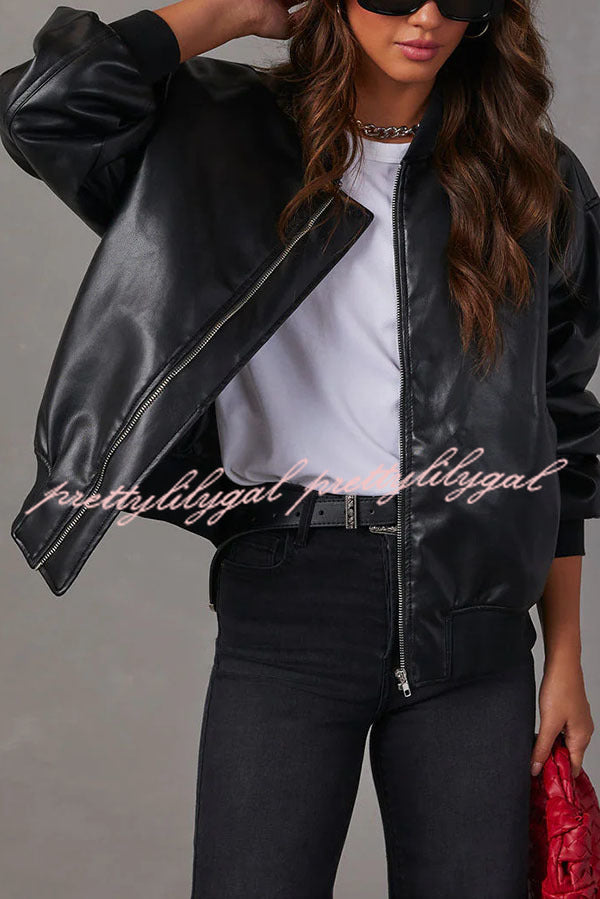 Solid Color Long Sleeve Loose Pocket Leather Jacket