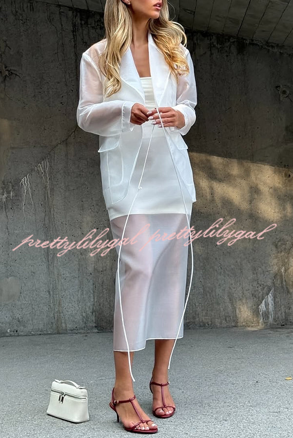 Simple and Light See-through Fabric Mid Rise Pencil Slit Midi Skirt