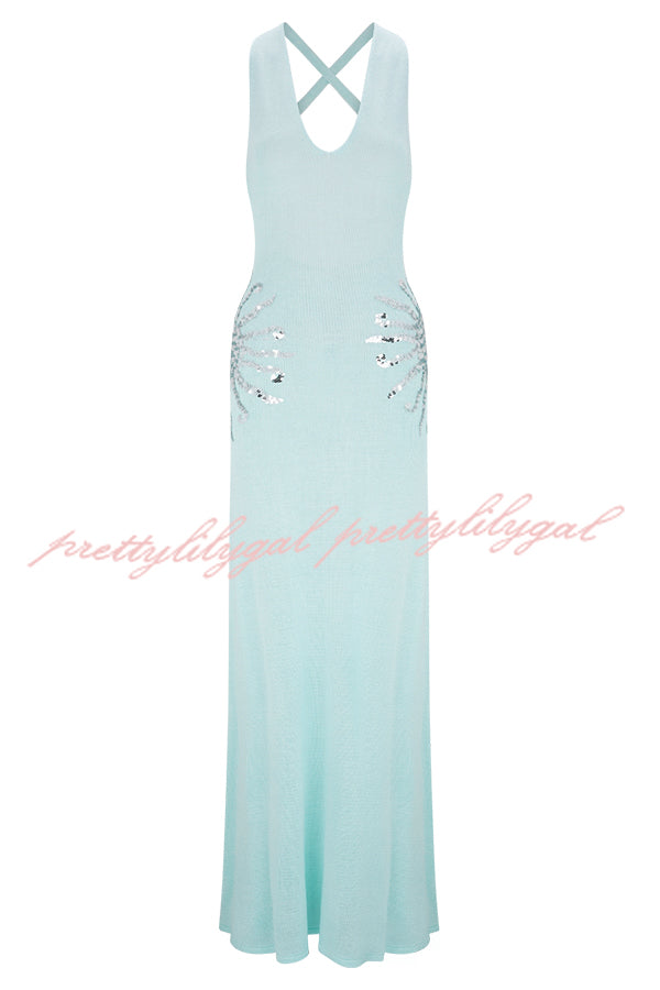 Sparkling Nights Knit Sunburst Sequin Detail Back Cross Straps Stretch Maxi Dress