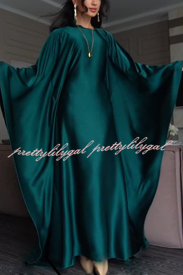 Dignified and Elegant Satin Batwing Sleeve with Waist Tie Design A-line Maxi Dress