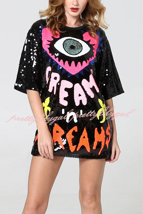 Love Eyes Letters Sequined Round Neck Short Sleeve Mid-Length Loose T-Shirt