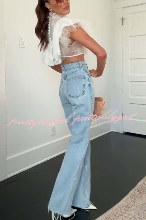 Kathlyn Lace Layered Tulle High Neck Ruffle Cropped Top
