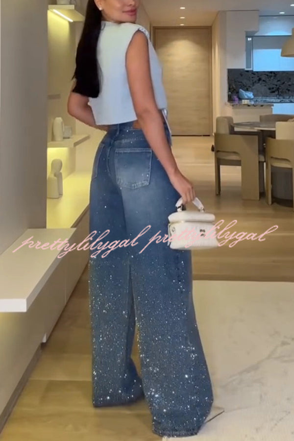 Fashion Star Rhinestone High Rise Casual Pocket Straight Loose Jeans
