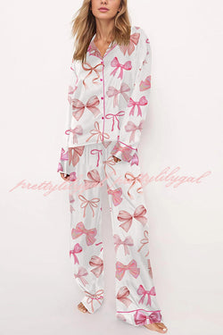 Stylish Bow-print Casual Long-sleeved Shirt and Elastic-waisted Wide-leg Pants Set