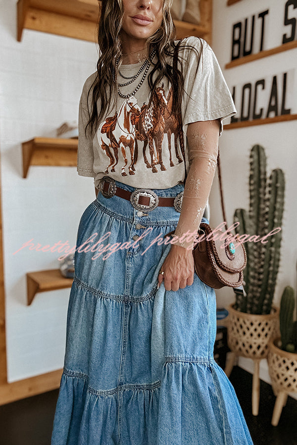 Bohemian High Rise Button Up Loose Denim Pocket Maxi Skirt