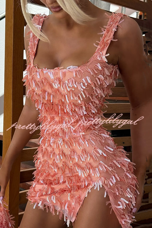 Sexy Square Neck Open Back Sequined Tassel Slim Mini Dress