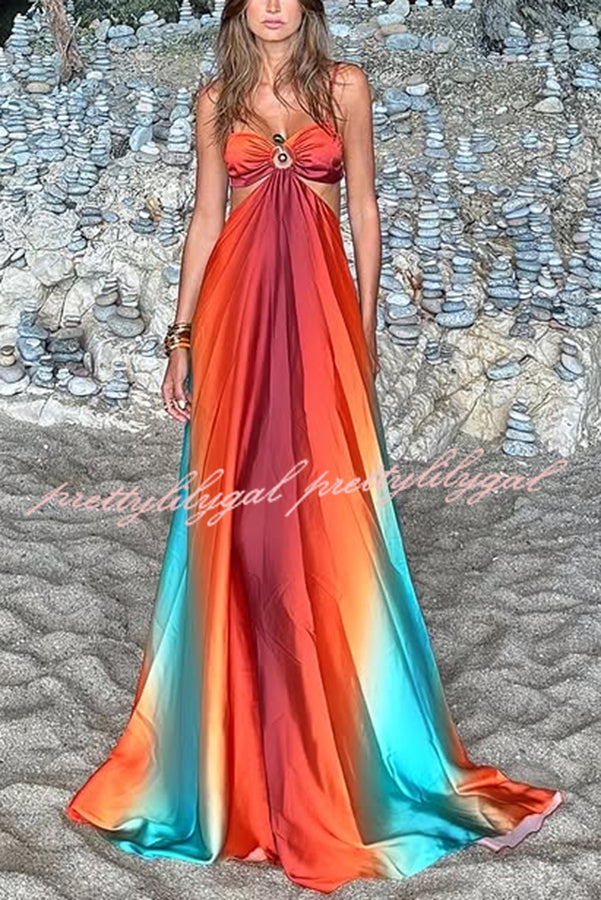 Neon Sunset Printed Metal Decoration Cutout Back Tie-up Vacation Maxi Dress