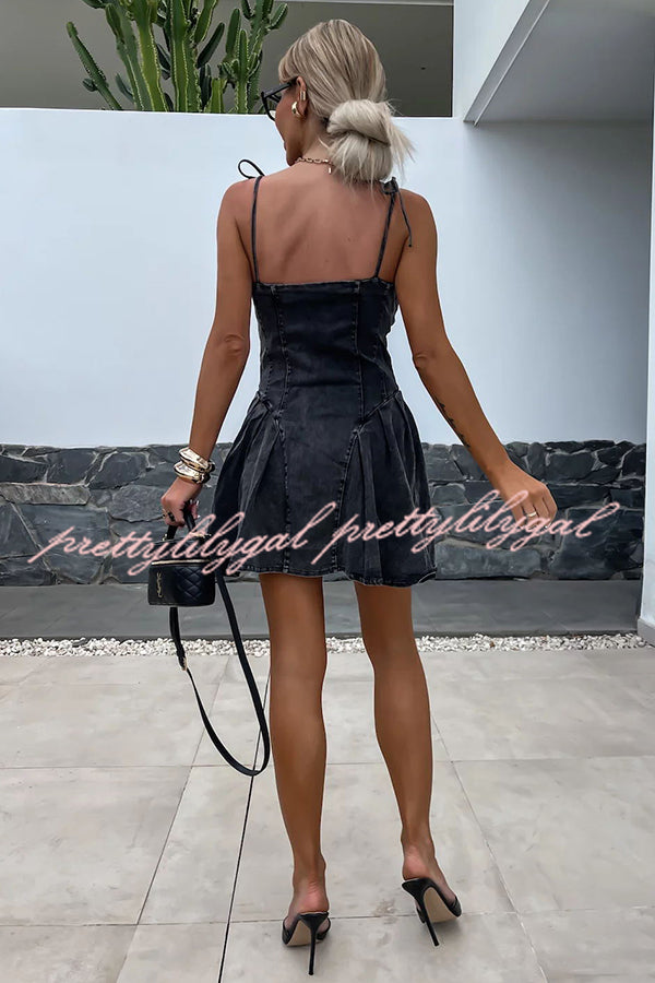 Sweet and Unique Washed Denim Center Front Zipper Stretch Mini Dress