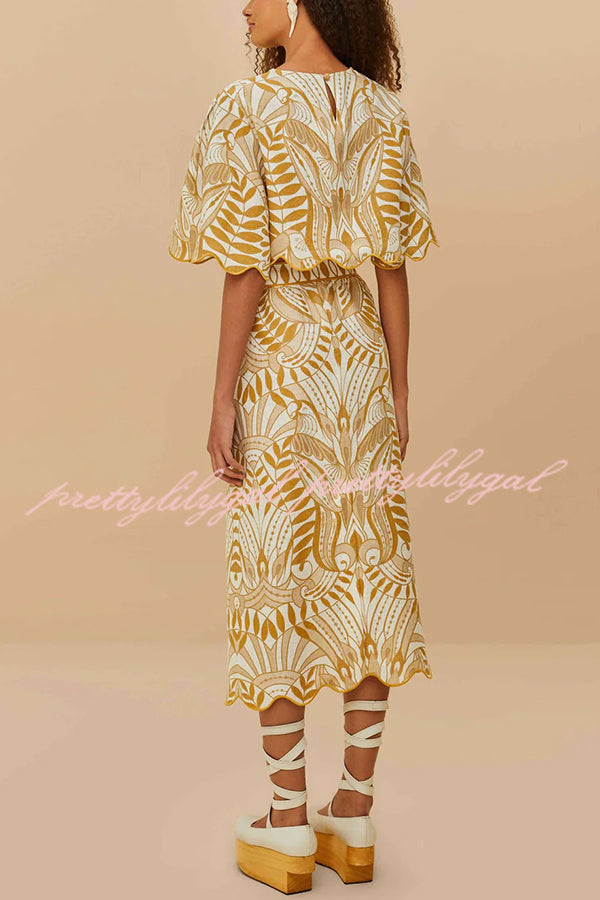Korra Linen Blend Unique Print Wave Trim Bell Sleeve Top and Elastic Waist Pocket Midi Skirt Set