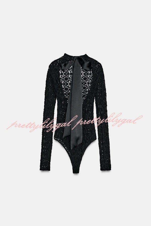 Anna Semi-sheer Lace Long Sleeve Back Bow Tie-up Cutout Stretch Bodysuit