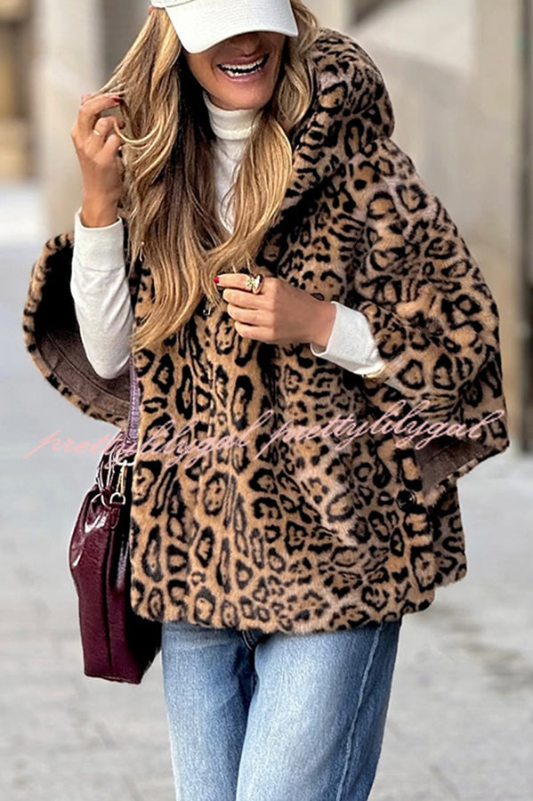 Taylor Plush Fabric Leopard Print Zipper Pocketed Cape Hooded Coat