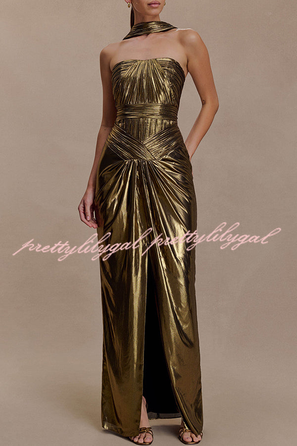 Clemence Plisse Metallic Fabric Reverse Halter Beck Strap Drape Slit Maxi Dress