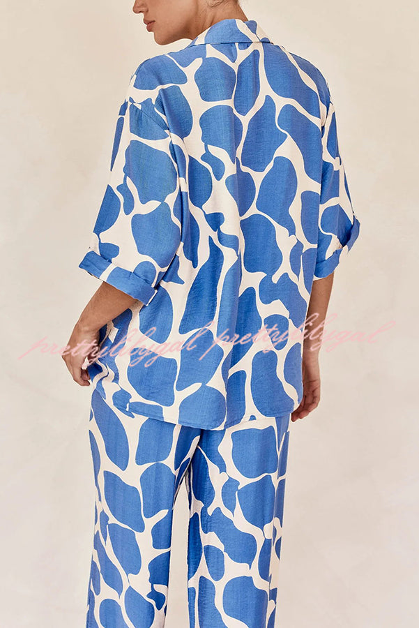 Lazy Beach Days Unique Print Short Sleeve Loose Shirt and Elastic Waist Pants Set