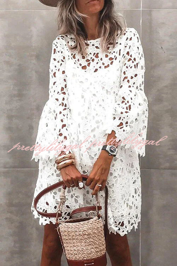 Pretty Presence Floral Crochet Lace Bell Sleeve Mini Dress