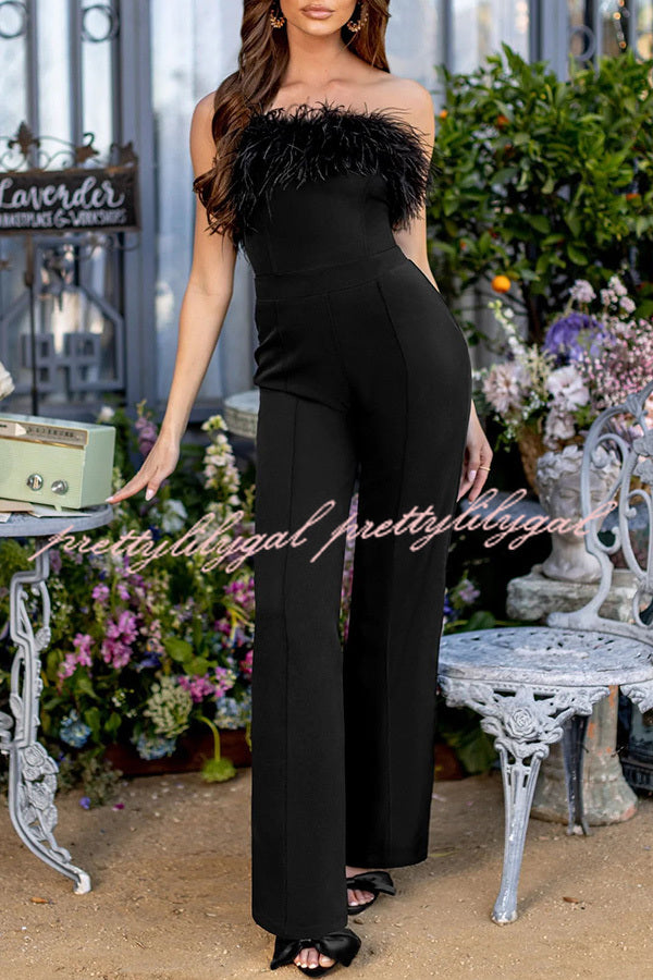 First Class High Rise Feather Stretch Waist Jumpsuit