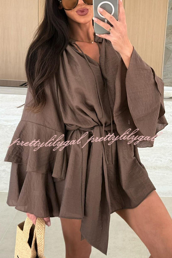 Solid Color V-neck Ruffled Long Sleeve Waist Tie Mini Dress