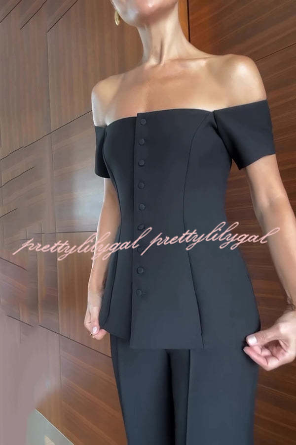 Solid Color Off-the-shoulder Single-breasted Top and Casual Pocket Straight-leg Pants Set