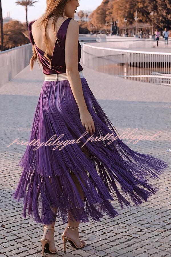 Elegant Tassel Hem Elastic Waist Casual Maxi Skirt