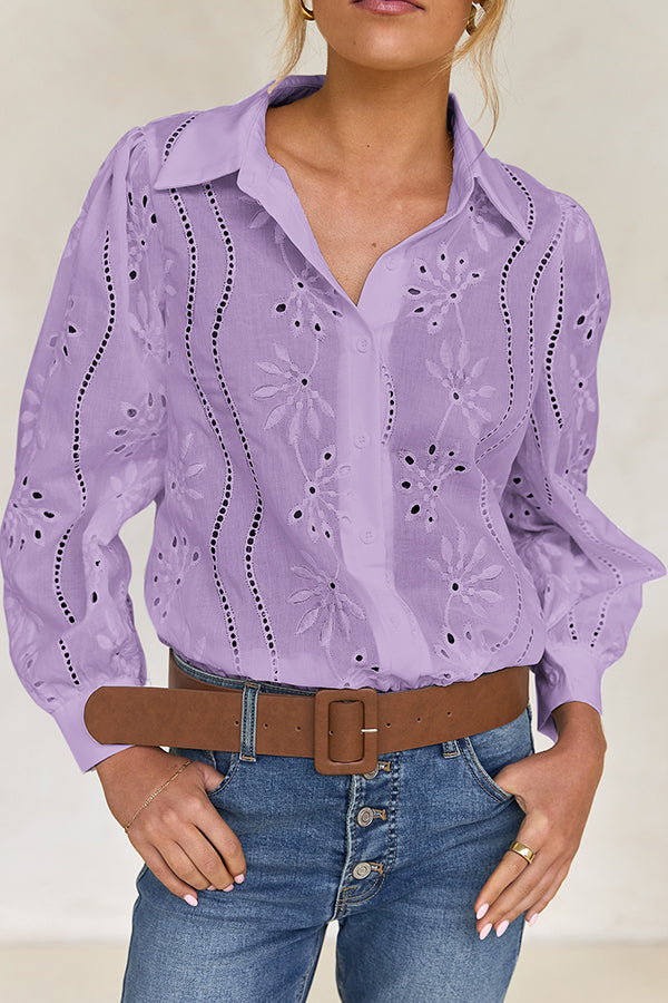 Fashion Hollow Puff Sleeve Casual Lapel Loose Shirt