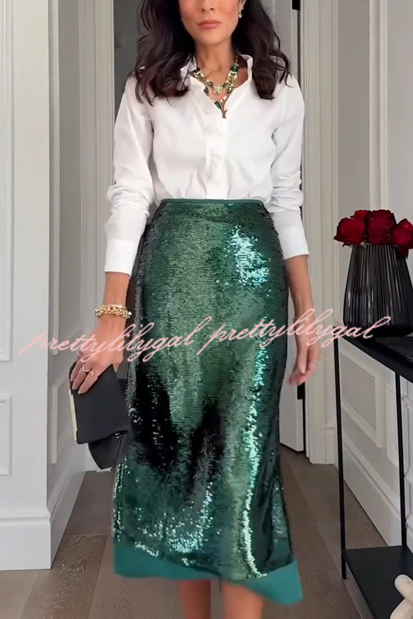 Shimmer Scene Sequin Patchwork Hem High Rise Slit Pencil Midi Skirt