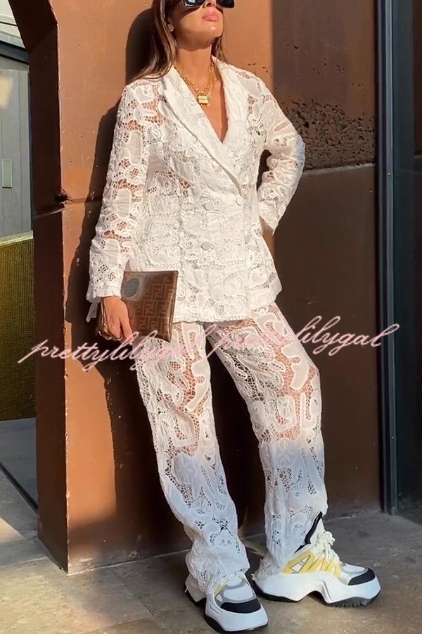 Fashionable Lace Long-sleeved Lapel Loose Top and Casual Hollow Pants Set