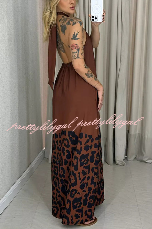 Leopard Print Sexy Halter Neck Backless Loose Maxi Dress