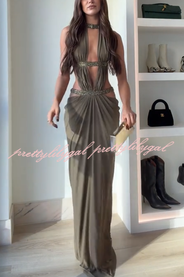 Khaki Hot-fix Rhinestone Shoulder Strap Cutout Design Backless Drape Maxi Dress
