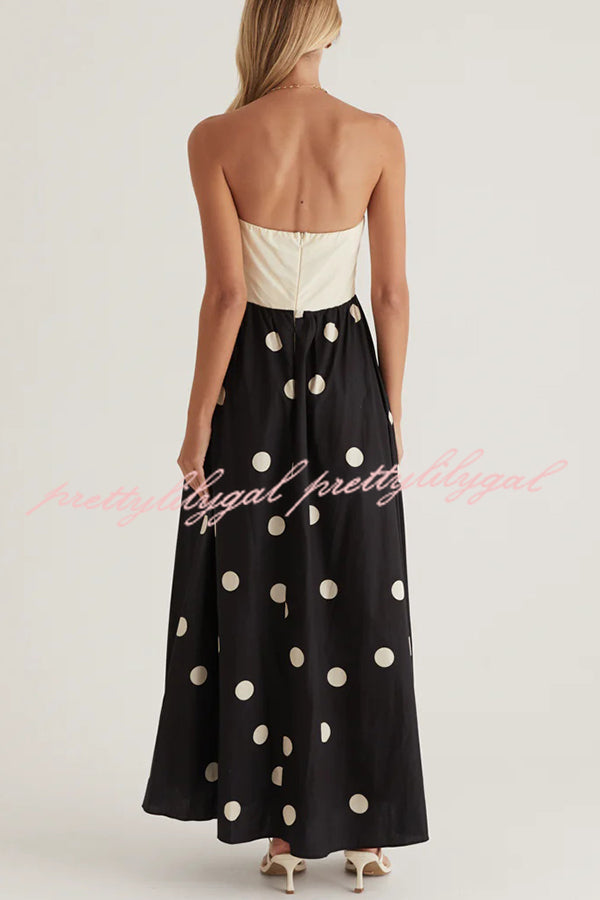 Fashion Polka Dot Print Tube Top Spliced Maxi Dress