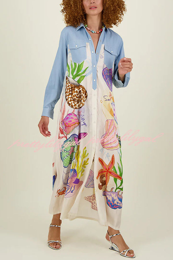 Take A Trip Marine Elements Unique Print Patchwork Pocketed Long Shirt Coat