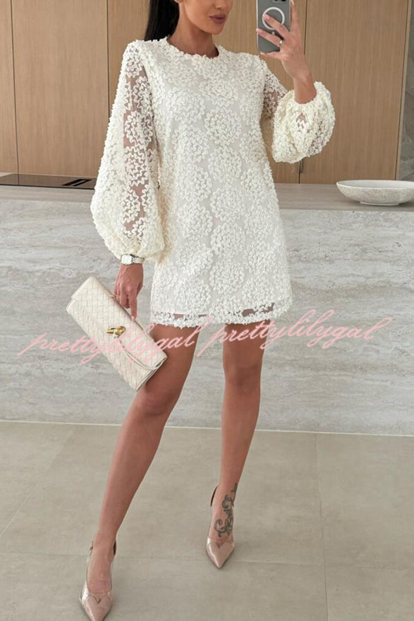 Love Note Lace Texture Fabric Balloon Sleeves Loose Mini Dress