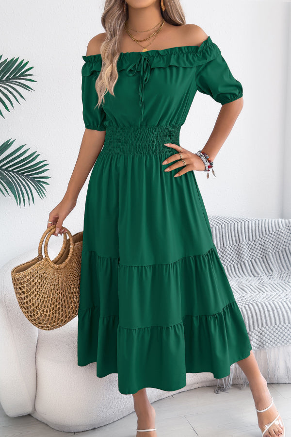 off the shoulder dress casual midi Stylish Off-shoulder Short-sleeved Pleated Waist Casual Midi Dress –  prettylilygal
