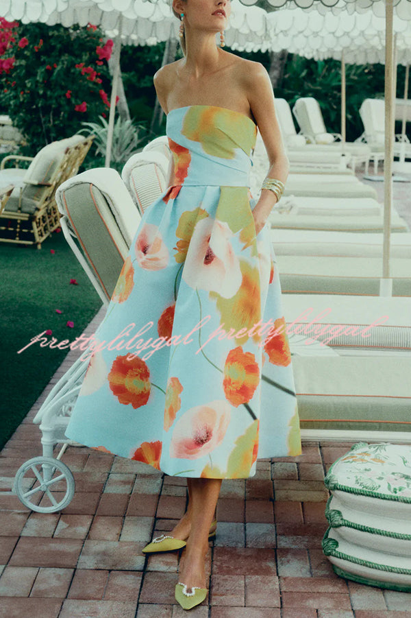 Floral Print Off Shoulder Backless Elegant Midi Dress