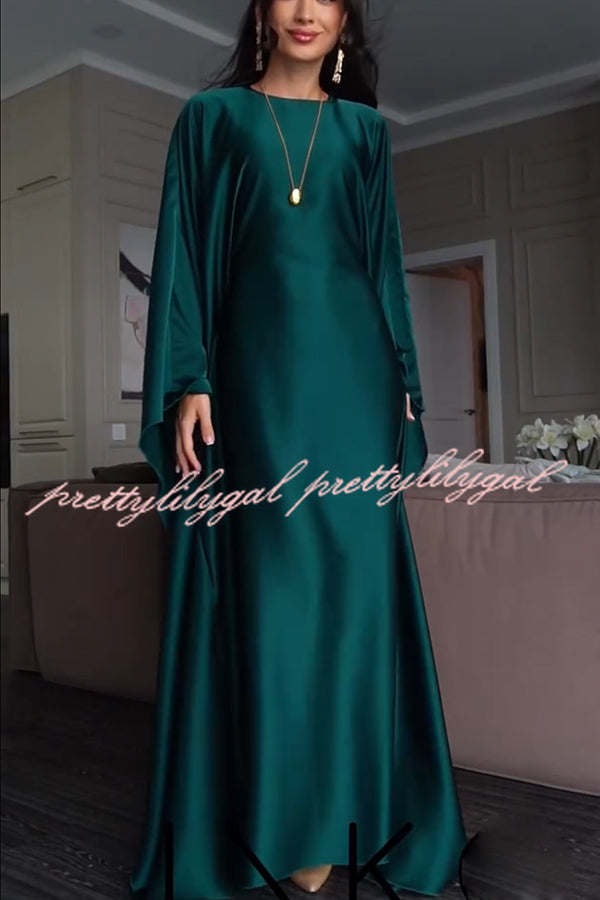 Dignified and Elegant Satin Batwing Sleeve with Waist Tie Design A-line Maxi Dress