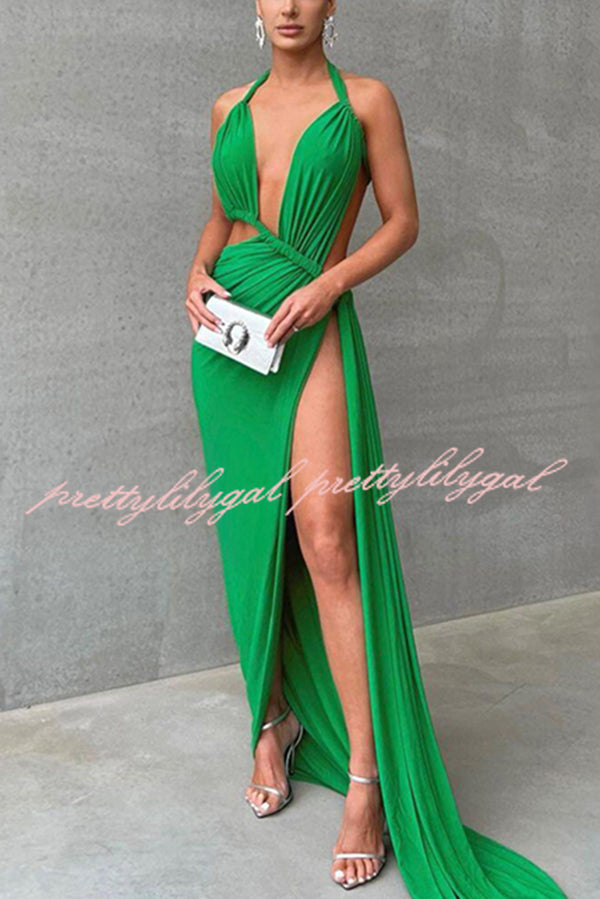 Sexy Hollow Halterneck Backless Slim Fit Slit Maxi Dress