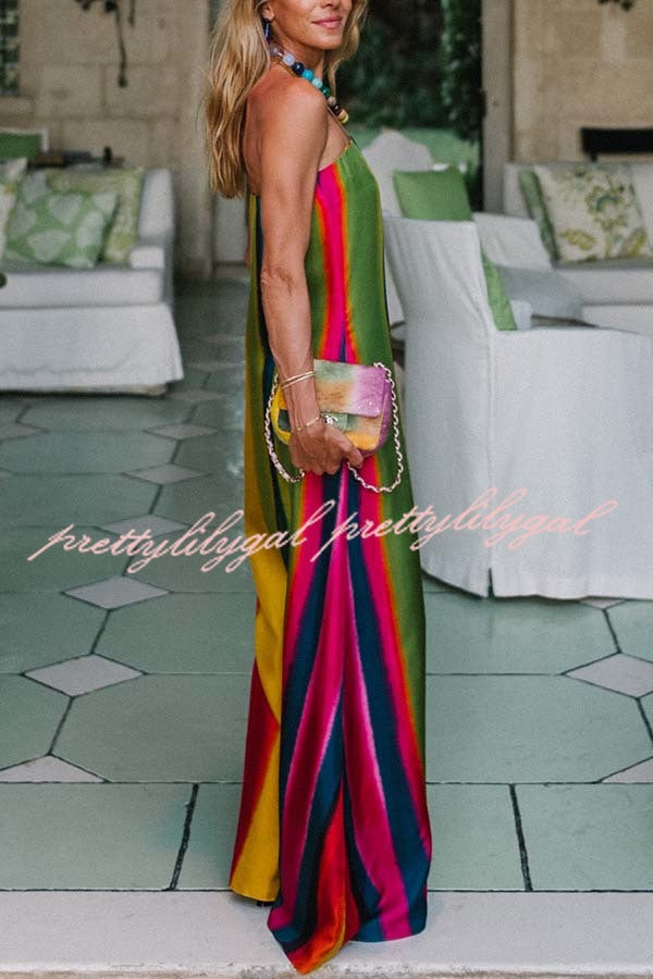Artistic Rainbow Satin Watercolor Print Off Shoulder Pocketed H-line Maxi Dress