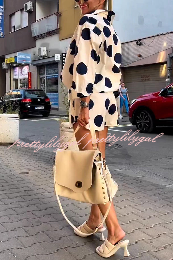 Giselle Linen Blend Polka Dot Print Lapel Long Sleeve Shirt and Elastic Waist Pocket Shorts Set