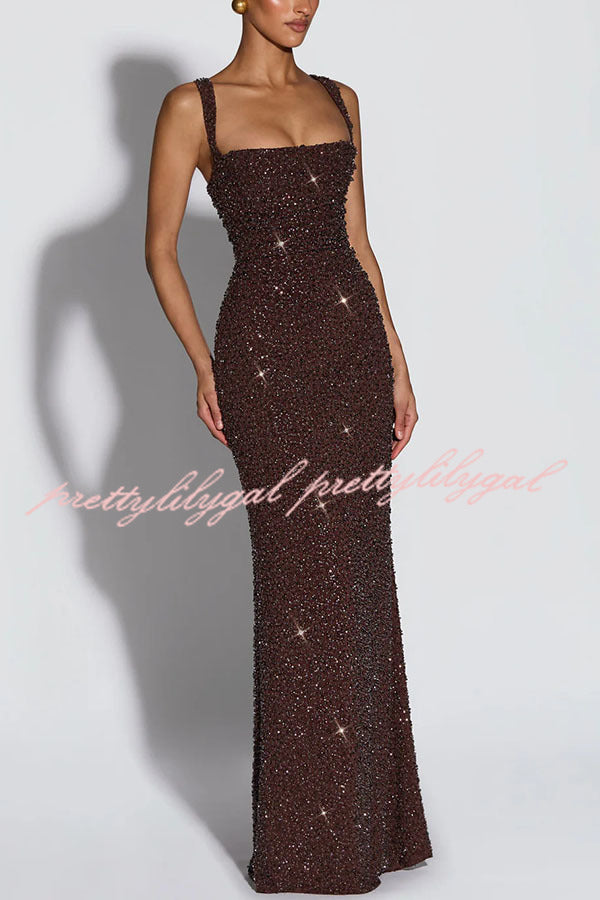 Calanthe Sequin Embellished Chiffon Ruched Square Neck Back Lace-up Maxi Dress Calanthe Sequin Embellished Chiffon Ruched Square Neck Back Lace-up Maxi Dress