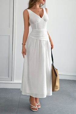 Solid Color V-neck Sleeveless Waist Hollow Out Maxi Dress