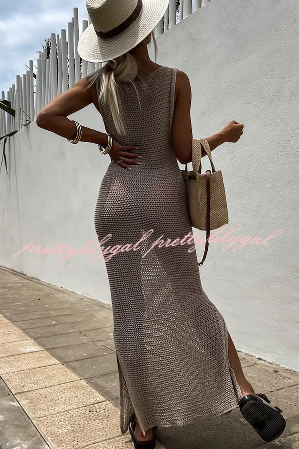 Solid Color Knitted Cutout Slit Slim Fit Maxi Dress