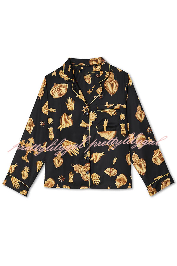 Golden Night Unique Print Color-block Trim Loose Shirt and Elastic Waist Pocketed Pajama Set