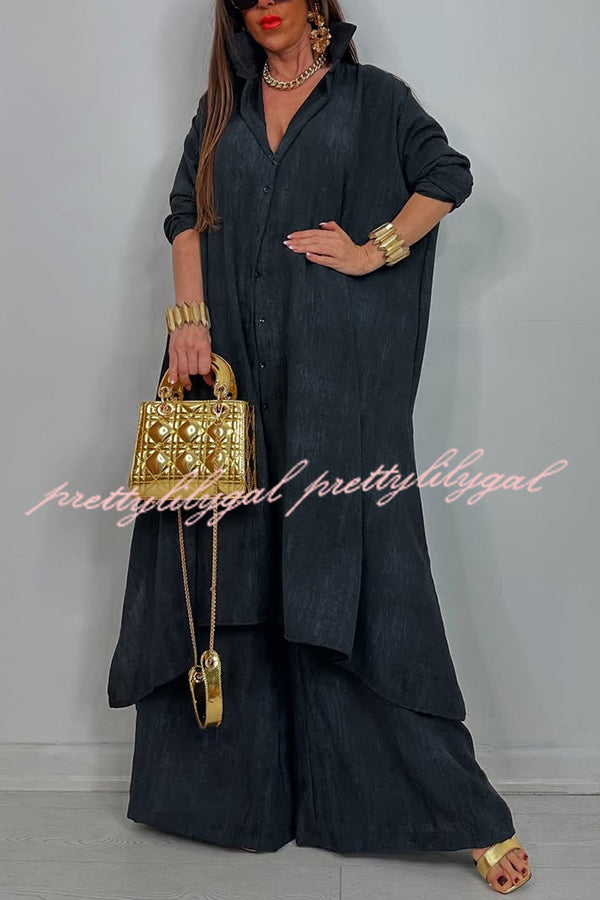 Solid Color Casual Loose Long Shirt and Elastic Waist Pocket Wide Leg Pants Set