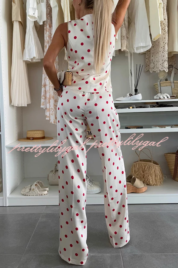 Koreen Polka Dot Round Neck Button Vest and High Rise Pocket Straight Pants Set
