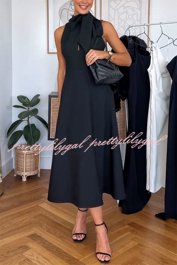 Stylish and Classic Unique Bow Tie Accent Pocketed Flare Midi Dress