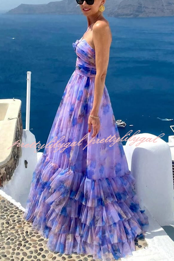 Dreamy Clouds Tulle Printed Rose Detail Cutout Ruffles Tiered Halter Maxi Dress